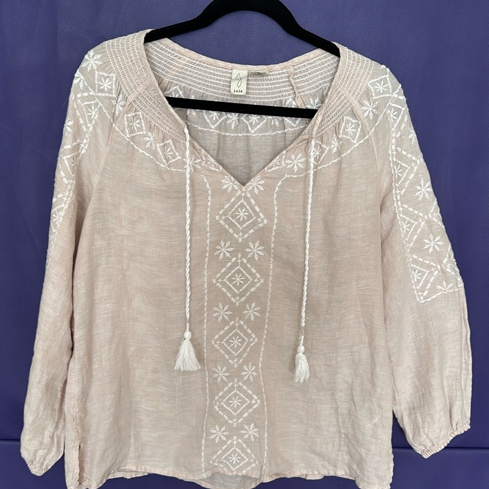 Joie Women’s S 100% Linen blouse in beige with white detailing